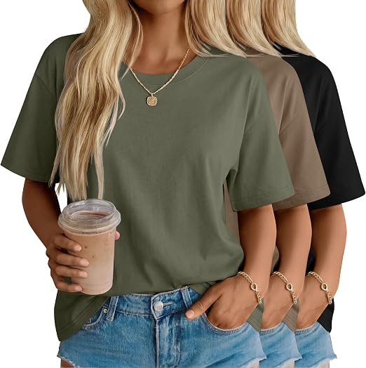Women's Cotton Oversized Half Sleeve Crew Neck Tees - 3 Pack