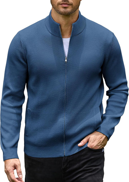 Men's Casual Zip-Up Knitted Cardigan Sweater with Stand Collar