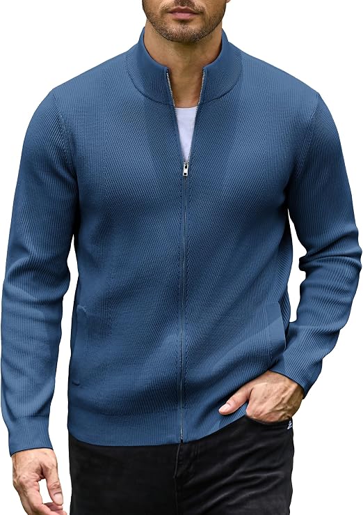 Men's Casual Zip-Up Knitted Cardigan Sweater with Stand Collar