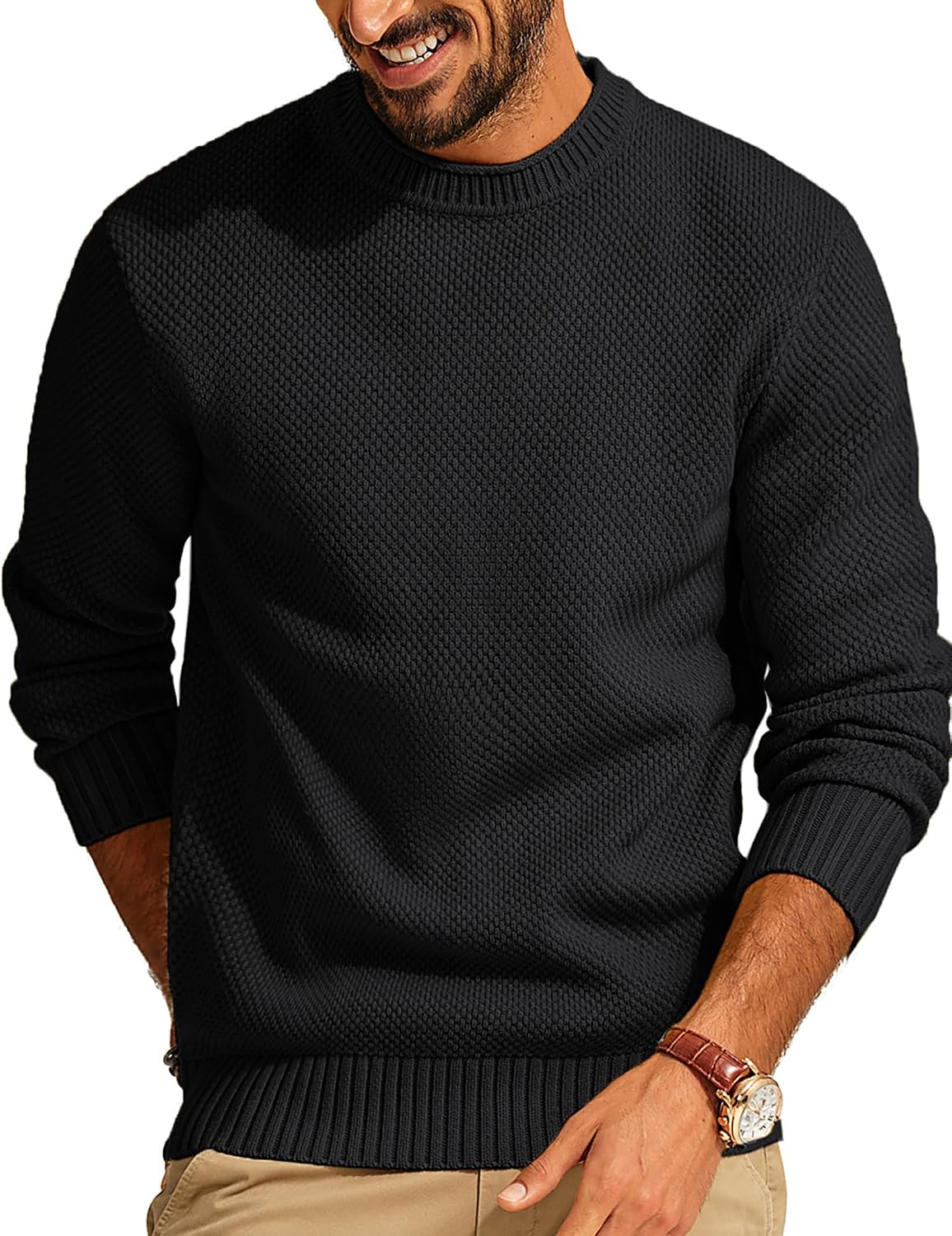 Men's Waffle Knit Crewneck Sweater Textured Pullover