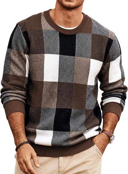 Men's Plaid Crew Neck Knit Sweater Long Sleeve Pullover