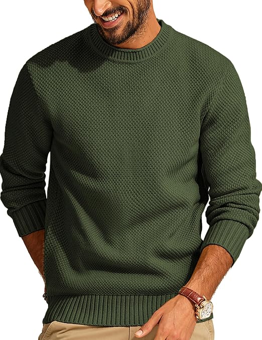 Men's Waffle Knit Crewneck Sweater Textured Pullover