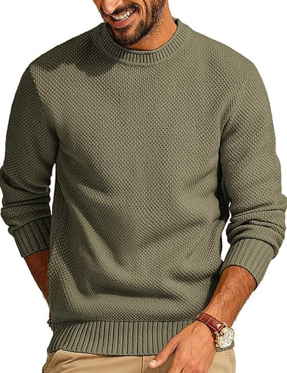 Men's Waffle Knit Crewneck Sweater Textured Pullover