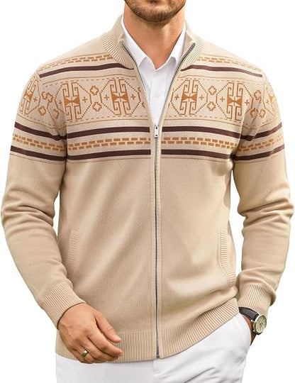 Men's Full Zip Mock Neck Cardigan Sweater with Pattern