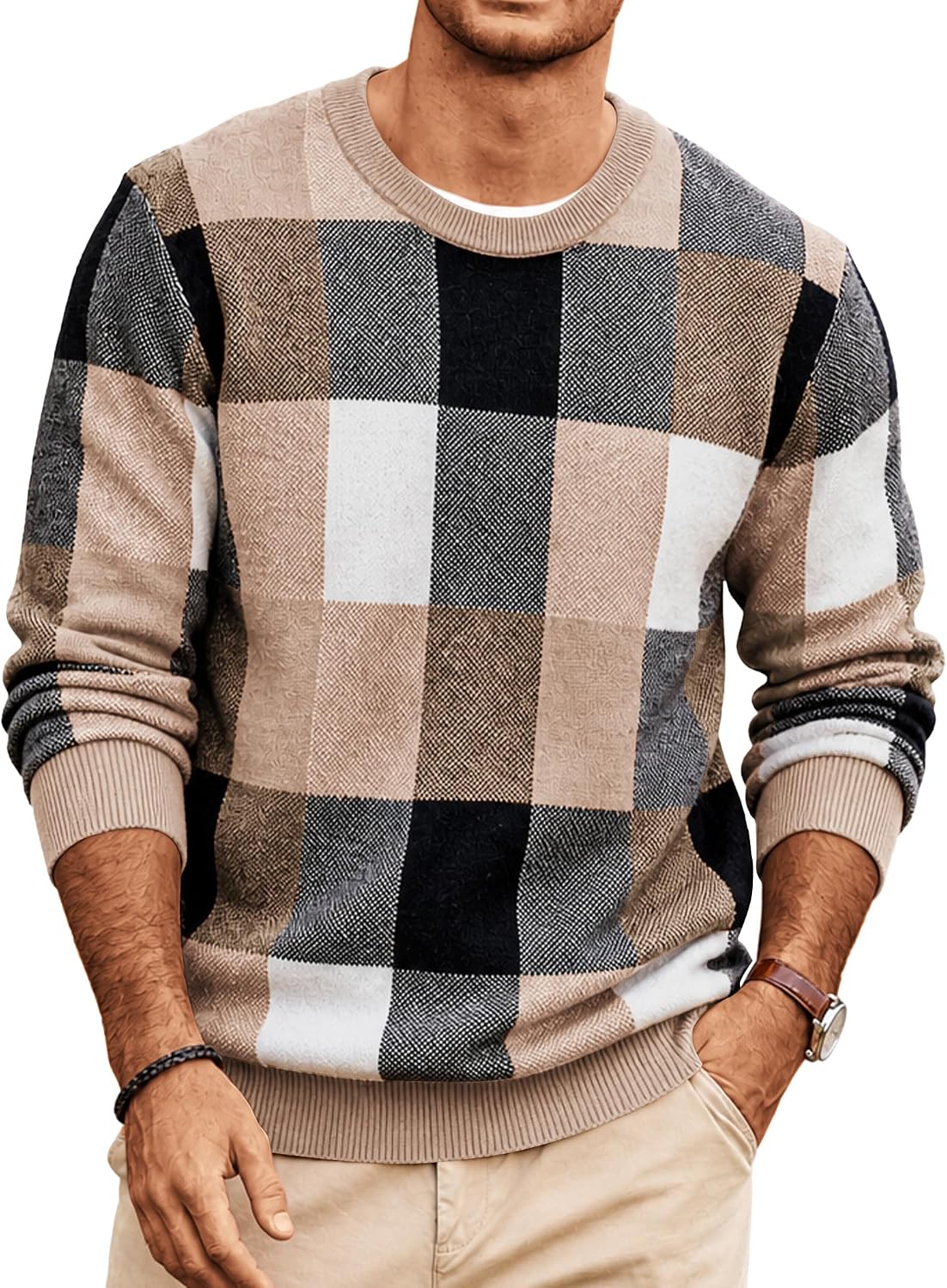 Men's Plaid Crew Neck Knit Sweater Long Sleeve Pullover