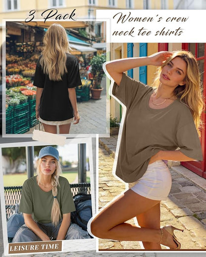 Women's Cotton Oversized Half Sleeve Crew Neck Tees - 3 Pack