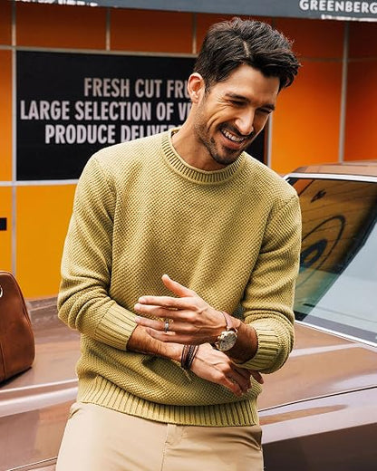 Men's Waffle Knit Crewneck Sweater Textured Pullover