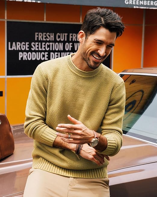 Men's Waffle Knit Crewneck Sweater Textured Pullover