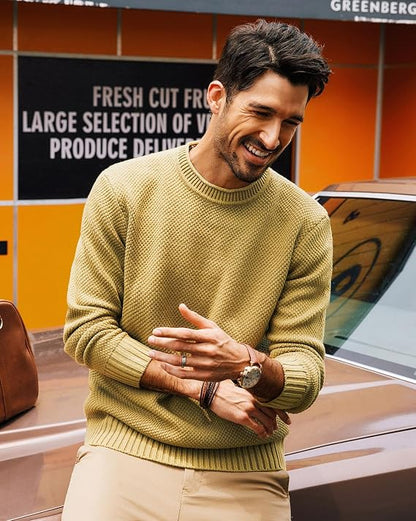 Men's Waffle Knit Crewneck Sweater Textured Pullover