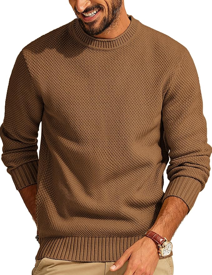 Men's Waffle Knit Crewneck Sweater Textured Pullover