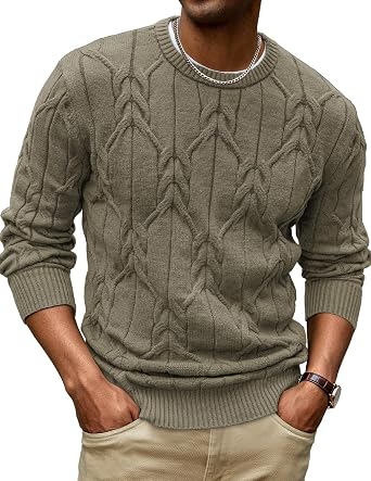 Men's Cable Knit Crewneck Sweater Pullover Long Sleeve