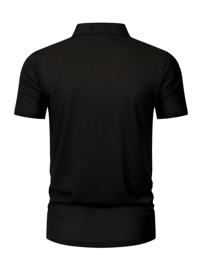 Summer Sports Casual Wear High-End Front Button Short Sleeve Shirt Breathable Turn- Collar Mesh Stretch Solid Color Top Golf Business Men's Short Sleeve - ayq