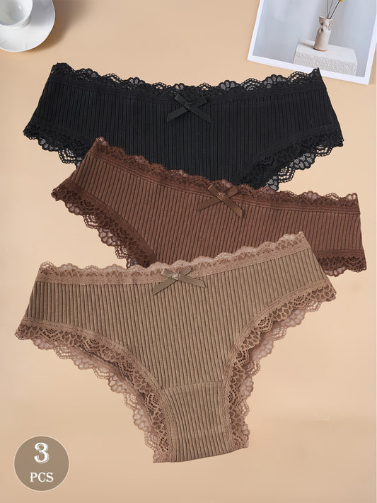 3-Pack Dark Cotton Women's Briefs with Lace Trim and Bow - ayq