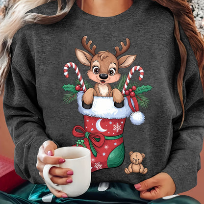 Women'S Christmas Sweater - Soft Pink Holiday Party Top with Deer in Santa Hat & Candy Cane Graphic, Cozy Long Sleeve Shirt for Christmas, New Year'S Eve, Everyday Winter Outfits - Sizes S-XXL (Extended Sizes Available) - Non