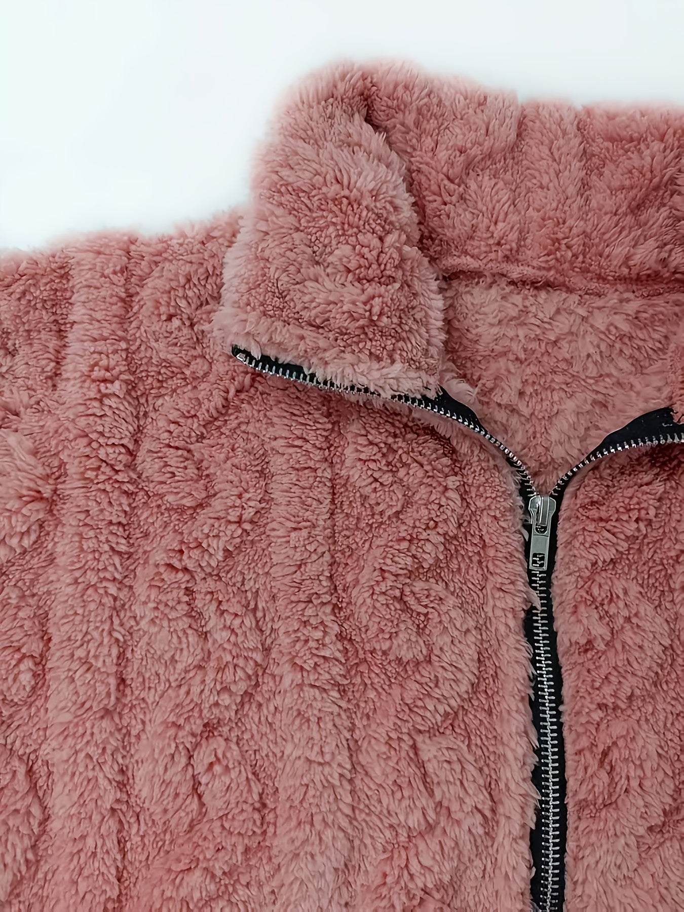 Women's Elegant Plush Full-Zip Winter Jacket - Soft Pink Long Sleeve Coat with Collar, Machine Washable, Warm & Stylish Outerwear for Fall and Winter, Casual to Semi-Formal Occasions
