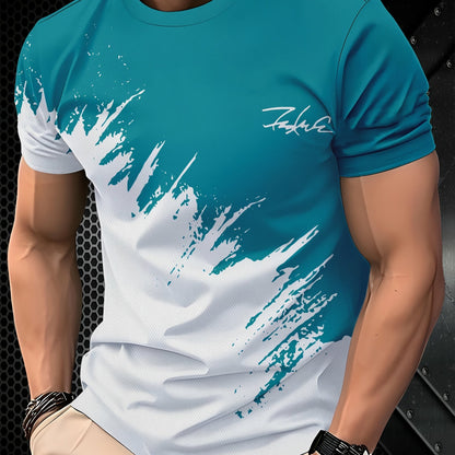 Men's 3D Print Color Block T-Shirt - Casual Short Sleeve, Summer Outdoor Wear, Stretch Polyester Blend, Machine Washable