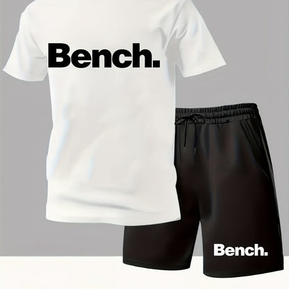 Summer Men'S Casual Sports Short Sleeve T-Shirt and Shorts Set, Knitted Polyester Fabric, Comfortable Breathable, Bench. Letter Print Design - 2pcs