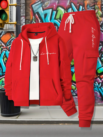 Men's Casual Zip Hoodie and Loose Cargo Pants Set - Breathable Polyest