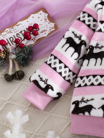 2pcs Girls' Cute Deer Print Fashionable Thick Flannel Set for Autumn/Winter, Soft and Comfortable Warm Outfit, Versatile Casual Attire with Outdoor Activities, Winter Clothing, Autumn Fashion, Stylish Kids' Wear, Playful Desi