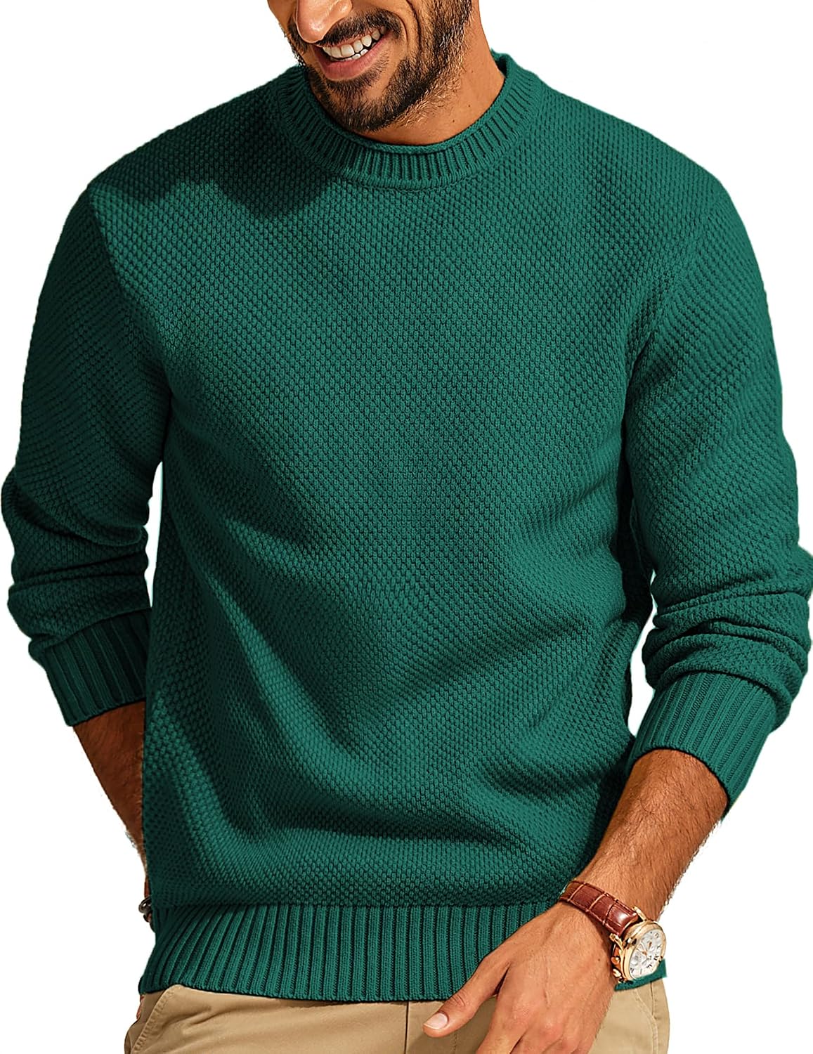 Men's Waffle Knit Crewneck Sweater Textured Pullover