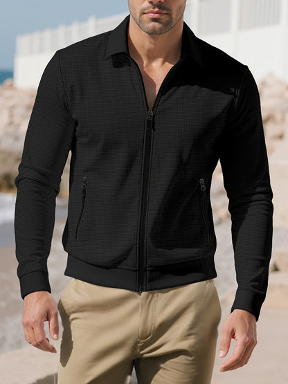 Men'S Lightweight Waffle-Knit Zip-Up Jacket - Casual Long Sleeve with Pockets, Loose Fit for Spring & Fall, Gray, Perfect for Outdoor Activities, Running, and Evening Outings, Spring Fall Clothing | Waffle Texture | Durable C