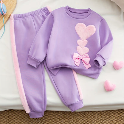 Autumn And Winter Girls' Fashion New Style Simple And Versatile Elegant Heart-Shaped Pattern Splicing Embroidery Bow Decoration Round Neck Long-Sleeved Top + Slim Stretch Leggings Casual Sports Two-Piece Set, Suitable for Out