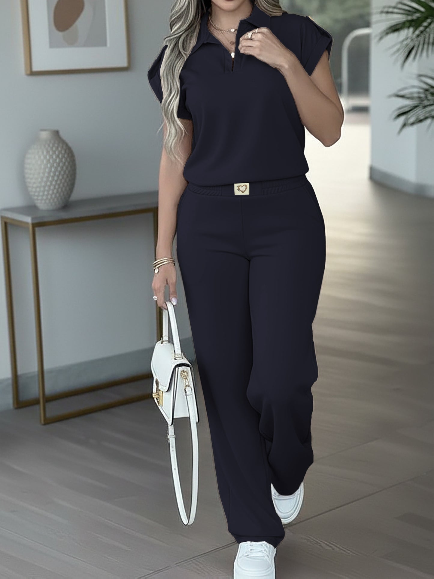 Women’s Casual Two-Piece Set: Solid Short Sleeve Top & Elastic Waist P
