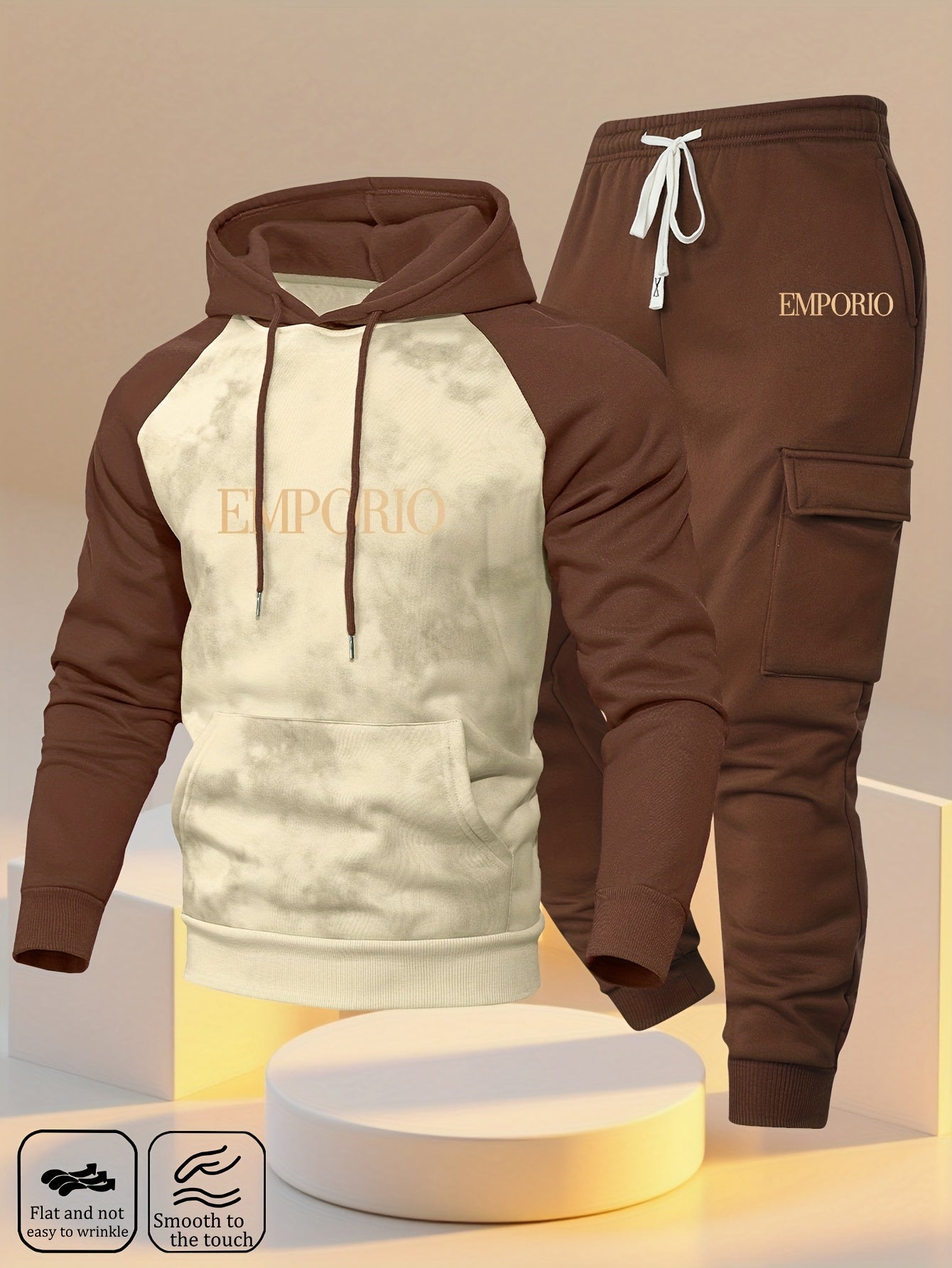New Trendy Fashion Raglan Sleeve Colorblock Hoodie and Loose Cuffed Drawstring Cargo Pants with Multiple Pockets, Casual Daily Comfortable Versatile Breathable Hooded Sweatshirt and Loose Long Pants 2pcs Set with Stylish Prin