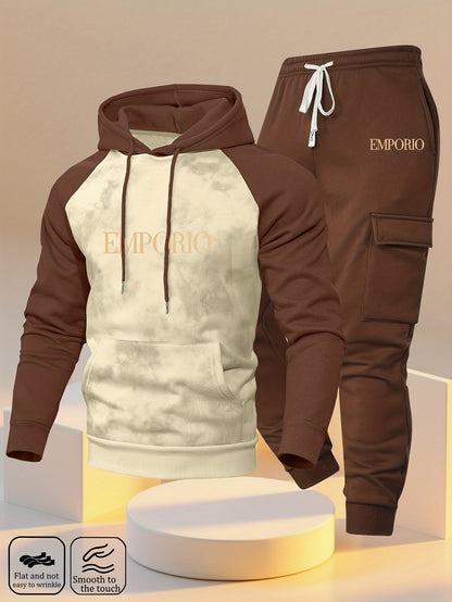 New Trendy Fashion Raglan Sleeve Colorblock Hoodie and Loose Cuffed Drawstring Cargo Pants with Multiple Pockets, Casual Daily Comfortable Versatile Breathable Hooded Sweatshirt and Loose Long Pants 2pcs Set with Stylish Prin