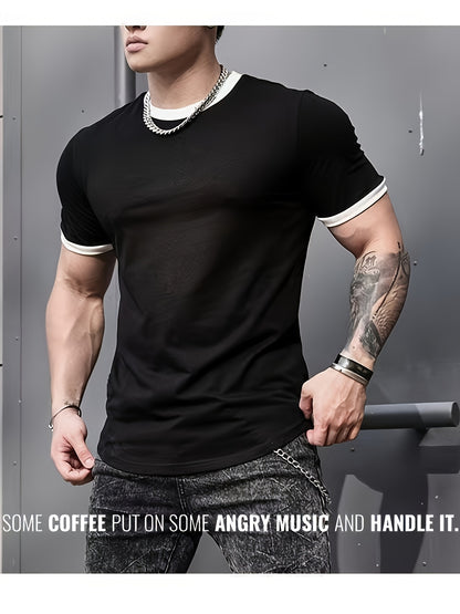 Men's Quick-Dry Athletic T-Shirt - High Elasticity, Breathable Polyester, Black with White Contrast Trim, Round Neck, Short Sleeves for Gym, Running & Basketball, Workout Clothing | Casual Sportswear | Polyester Fabric