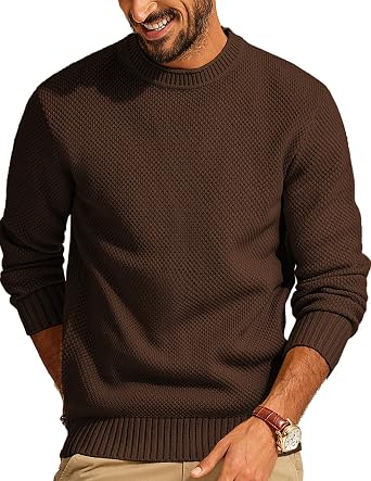 Men's Waffle Knit Crewneck Sweater Textured Pullover