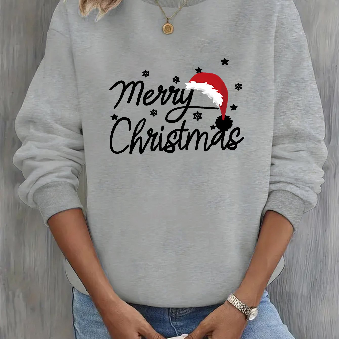 Women'S Christmas Letter Print Crew Neck Pullover Sweatshirt - Elegant Casual Long Sleeve Fleece-Lined Top with Festive Santa Hat & Star Design, All-Season Comfort for Holiday & Casual Attire, Christmas Sweatshirts, Seasonal