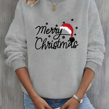 Women'S Christmas Letter Print Crew Neck Pullover Sweatshirt - Elegant Casual Long Sleeve Fleece-Lined Top with Festive Santa Hat & Star Design, All-Season Comfort for Holiday & Casual Attire, Christmas Sweatshirts, Seasonal