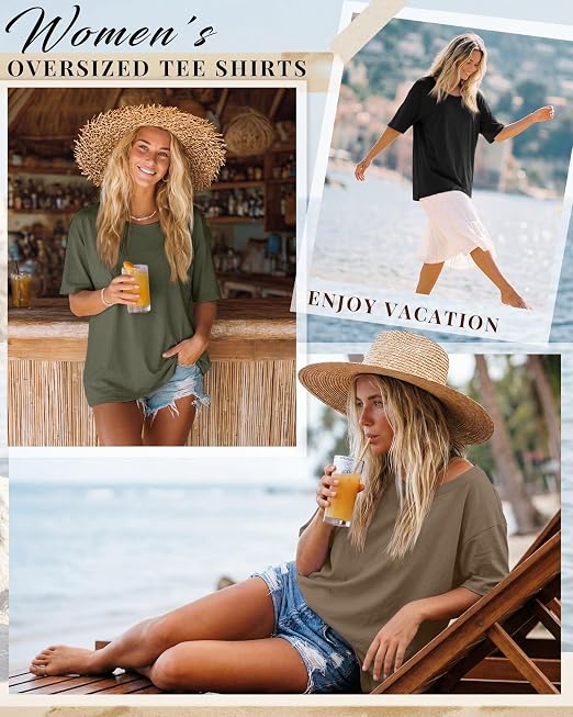Women's Cotton Oversized Half Sleeve Crew Neck Tees - 3 Pack