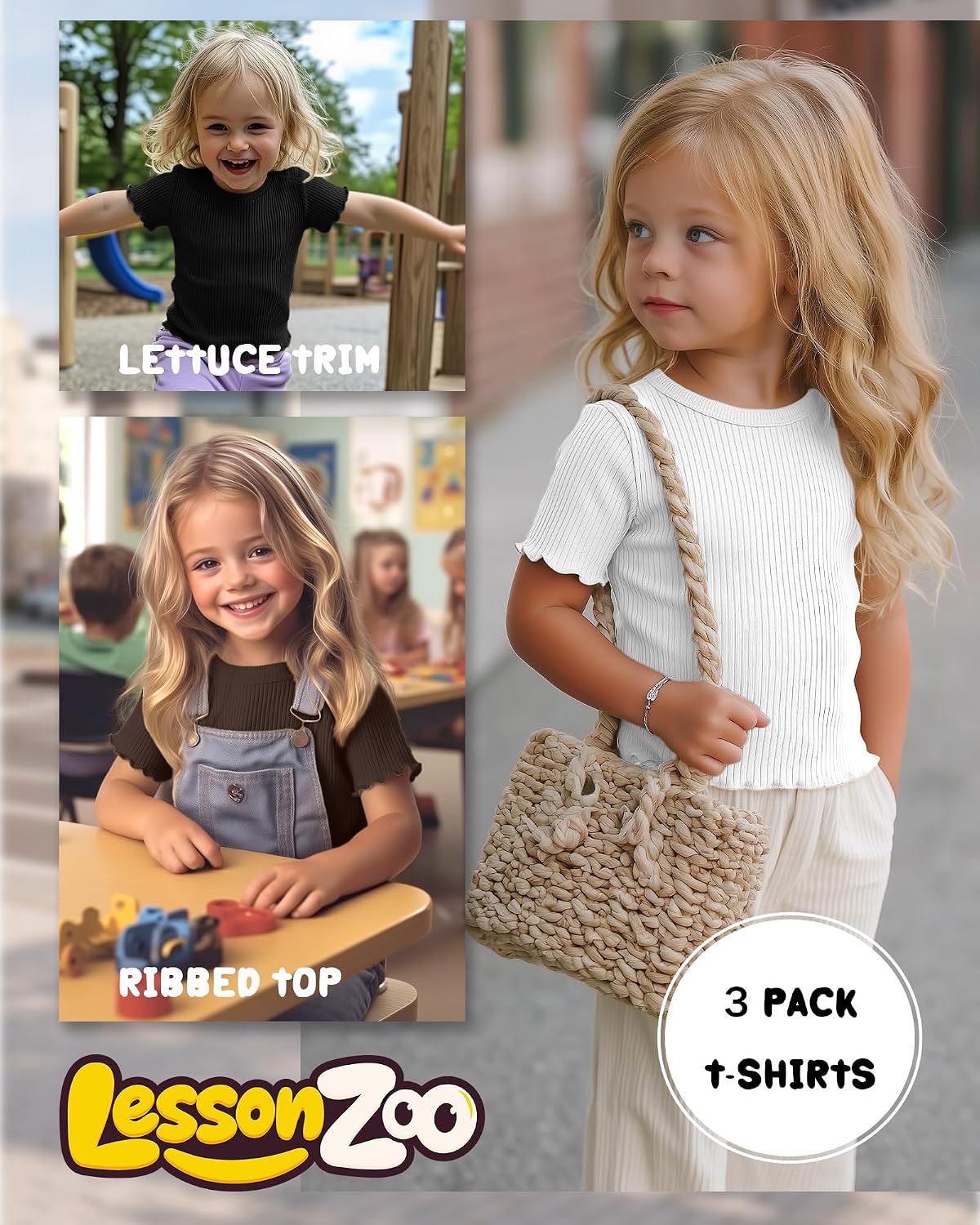 3-Pack Baby Girls Ribbed Cotton Blend T-Shirts