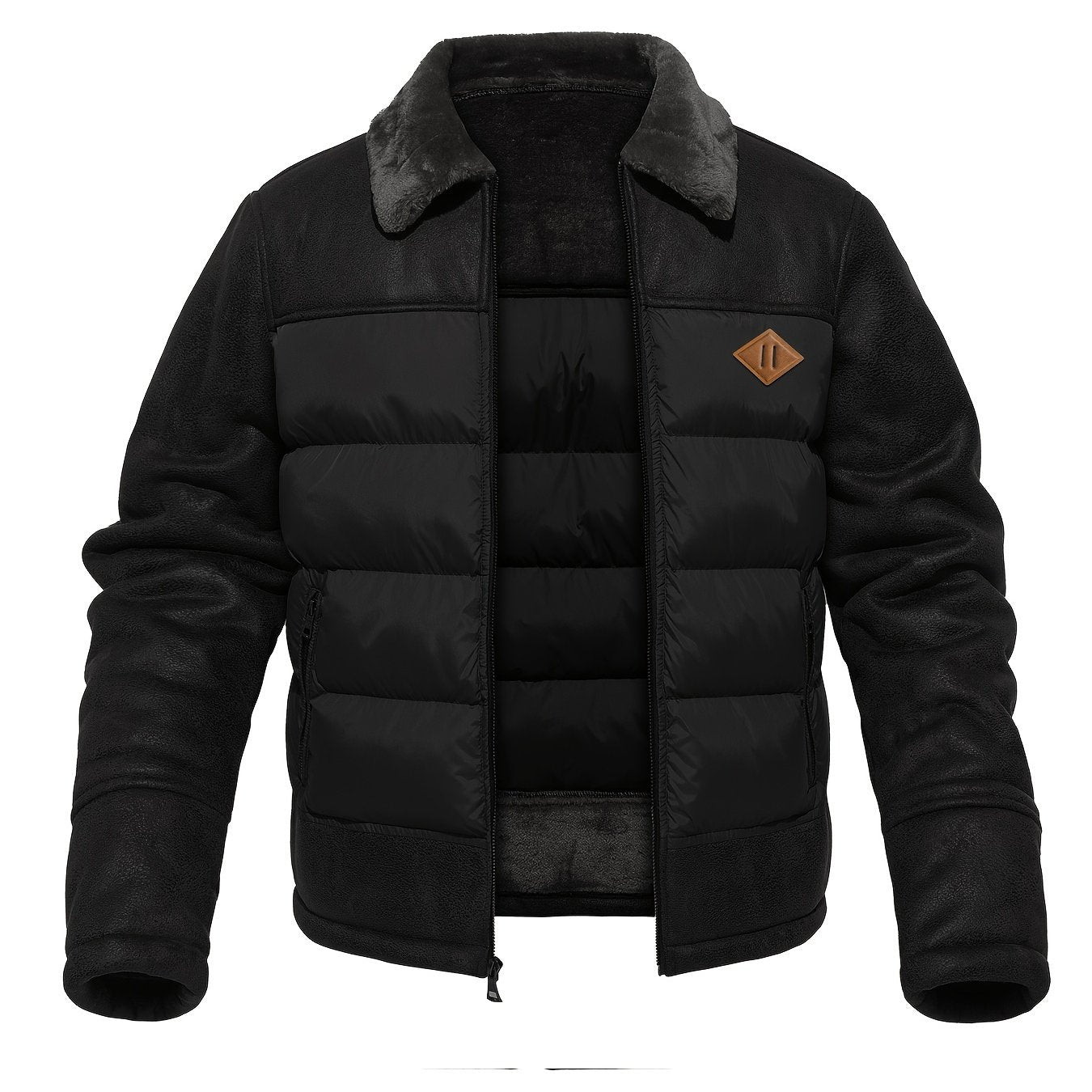 Տղամարդու առօրյա բաճկոն՝ արհեստական ​​մորթուց օձիքով, 100% պոլիեսթեր, միագույն, երկար թևքերով, կայծակաճարմանդով, սովորական չափսերով, գործվածքով, 60 գ/մ² աստառով արշավային բաճկոն