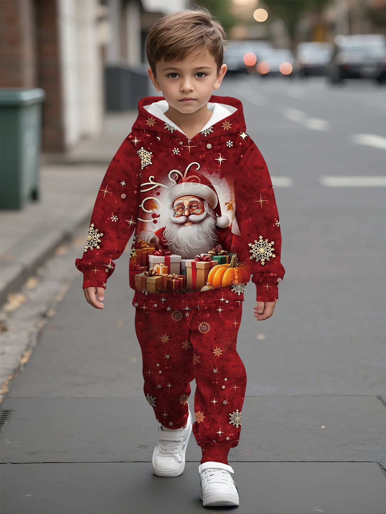 2pcs Boys' Santa Claus & Gifts Print Hooded Sweatsuit Set - Warm Winter Outfit with Matching  & Sweatpants, Cozy Christmas Outwear for Boys, Machine Washable Clothing Gift (Autumn/Winter), Perfect for Outdoor