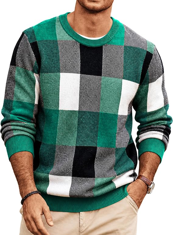Men's Plaid Crew Neck Knit Sweater Long Sleeve Pullover