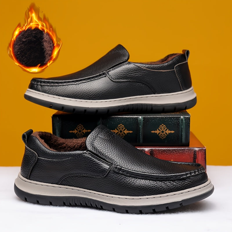 Men's Winter Warm Cowhide Boots - -Weather Traction Rubber Sole & Soft Fabric, Low-Top Short Boots Suitable for Daily Wear, Parties, - Fit for Fall/Winter (Boots Can Be Dressed up or)