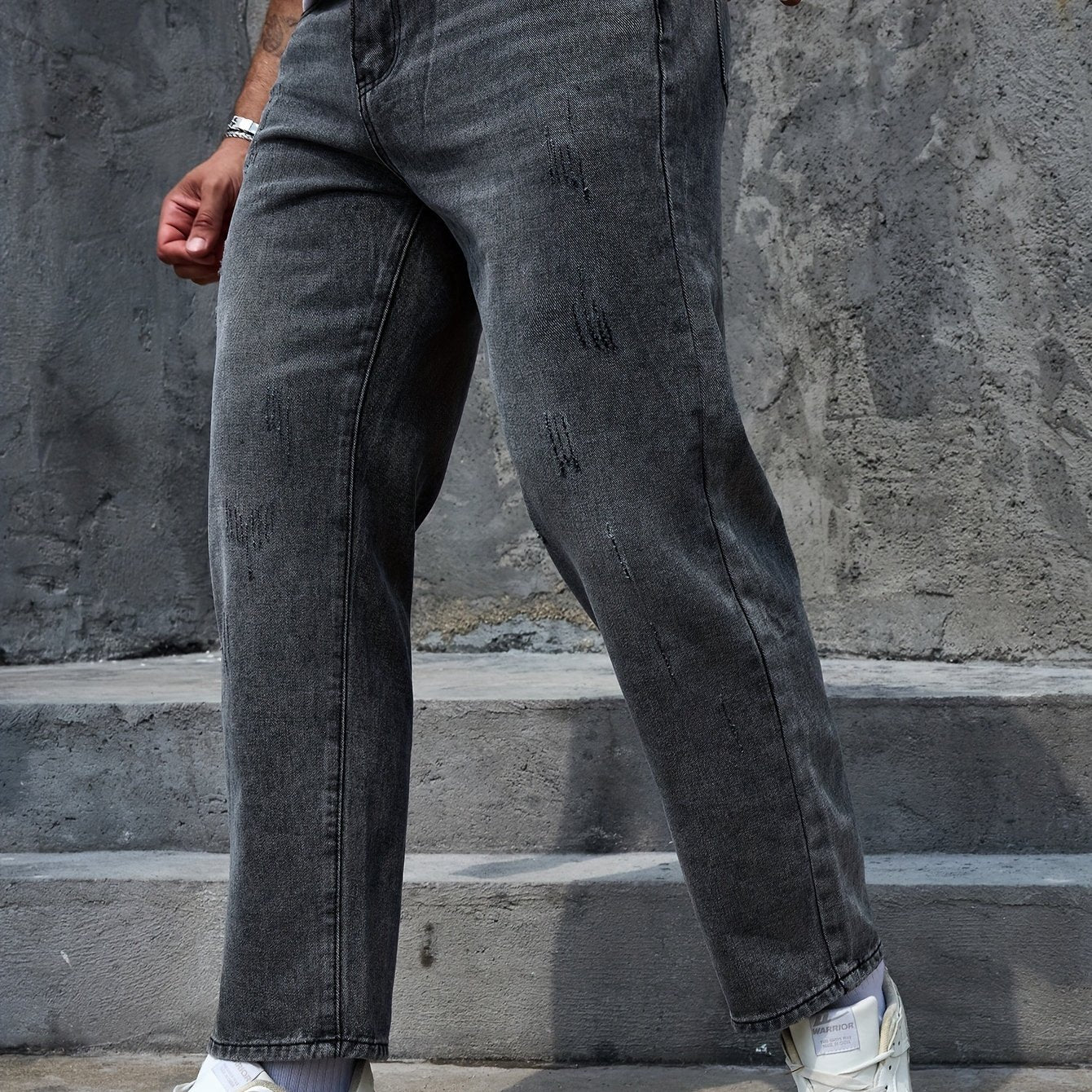 Men's Regular Fit Distressed Denim Jeans - Light Grey, Blend, Machine Washable, Year-Round Comfort & Style
