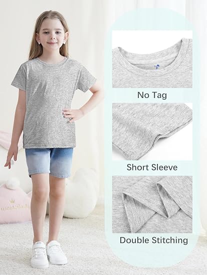 5-Pack Girls Cotton Short Sleeve T-Shirts Comfortable Fit