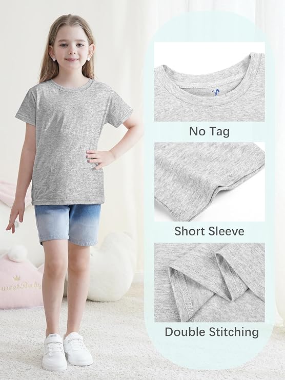 5-Pack Girls Cotton Short Sleeve T-Shirts Comfortable Fit