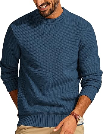 Men's Waffle Knit Crewneck Sweater Textured Pullover