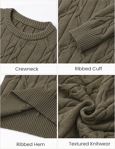 Men's Cable Knit Crewneck Sweater Pullover Long Sleeve