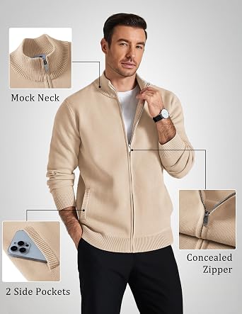 Men's Full Zip Mock Neck Cardigan Sweater with Pattern
