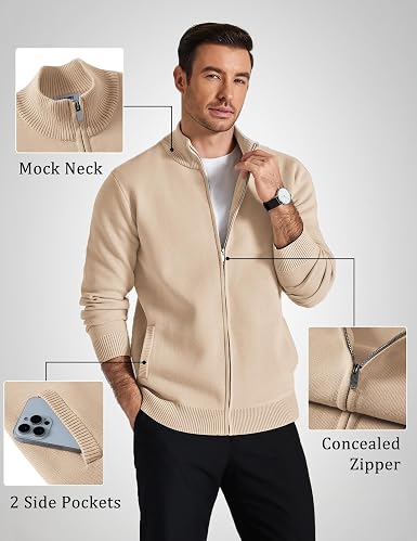 Men's Full Zip Mock Neck Cardigan Sweater with Pattern