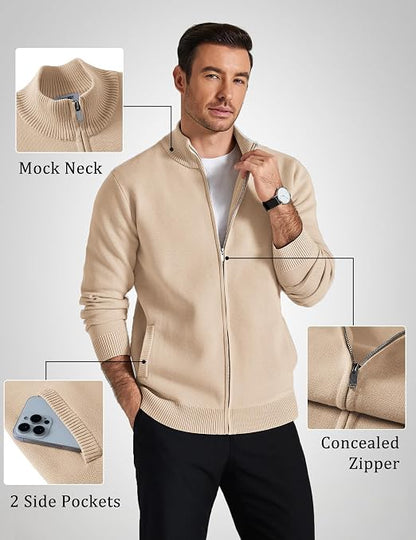 Men's Full Zip Mock Neck Cardigan Sweater with Pattern
