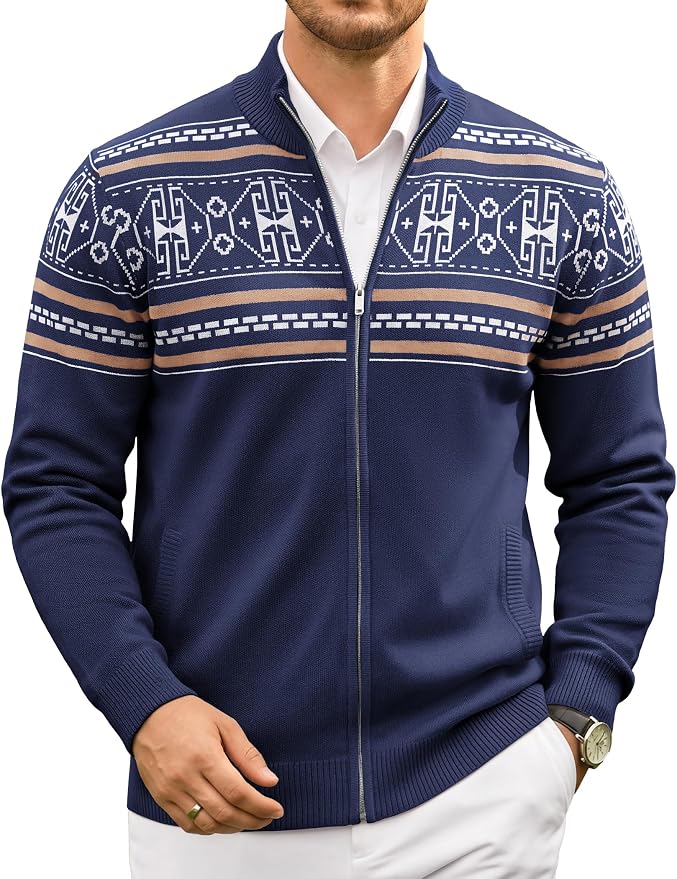 Men's Full Zip Mock Neck Cardigan Sweater with Pattern