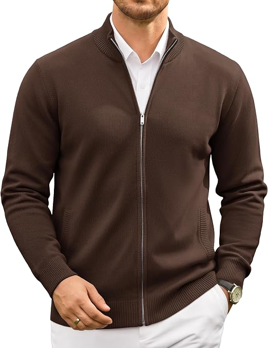 Men's Full Zip Mock Neck Cardigan Sweater with Pattern