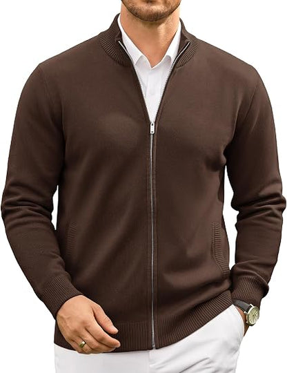 Men's Full Zip Mock Neck Cardigan Sweater with Pattern